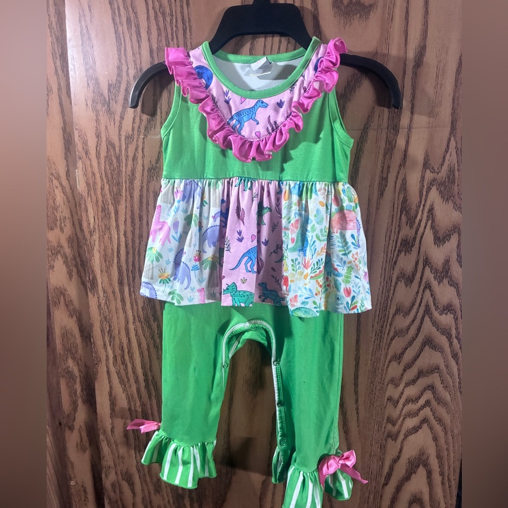 Dash of Glitter Green & Pink Dinosaur Ruffle Baby Romper